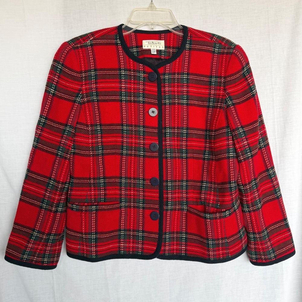 Talbots Blazer Red Plaid Wool Blend Christmas Holiday Jacket Career Petites 12P